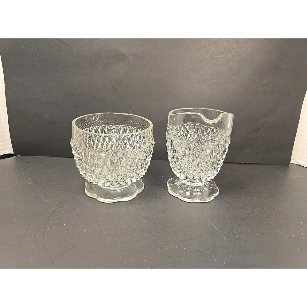 Vintage Indiana Glass Clear Diamond Point Glass Creamer and Open Sugar Bowl‎